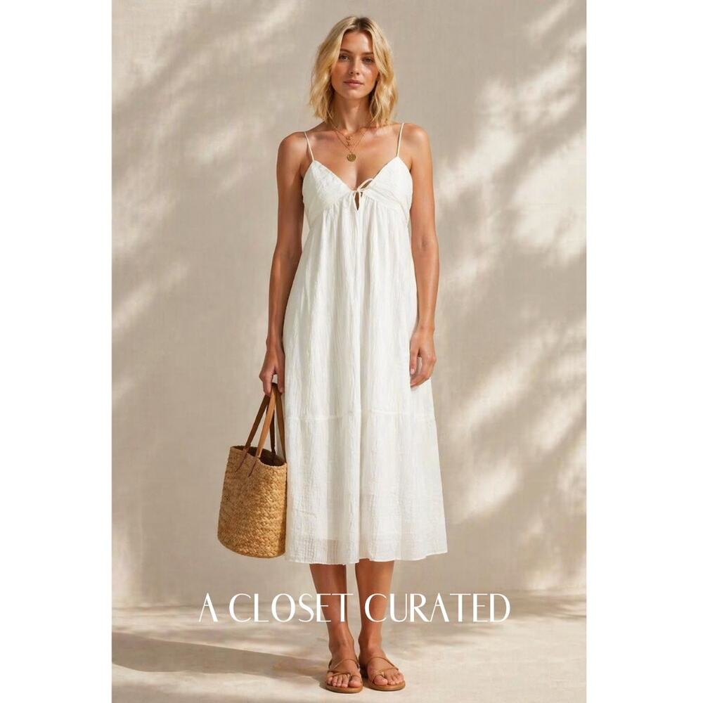 La Ligne Shirred Seersucker Midi Dress Large Ivory NEW
